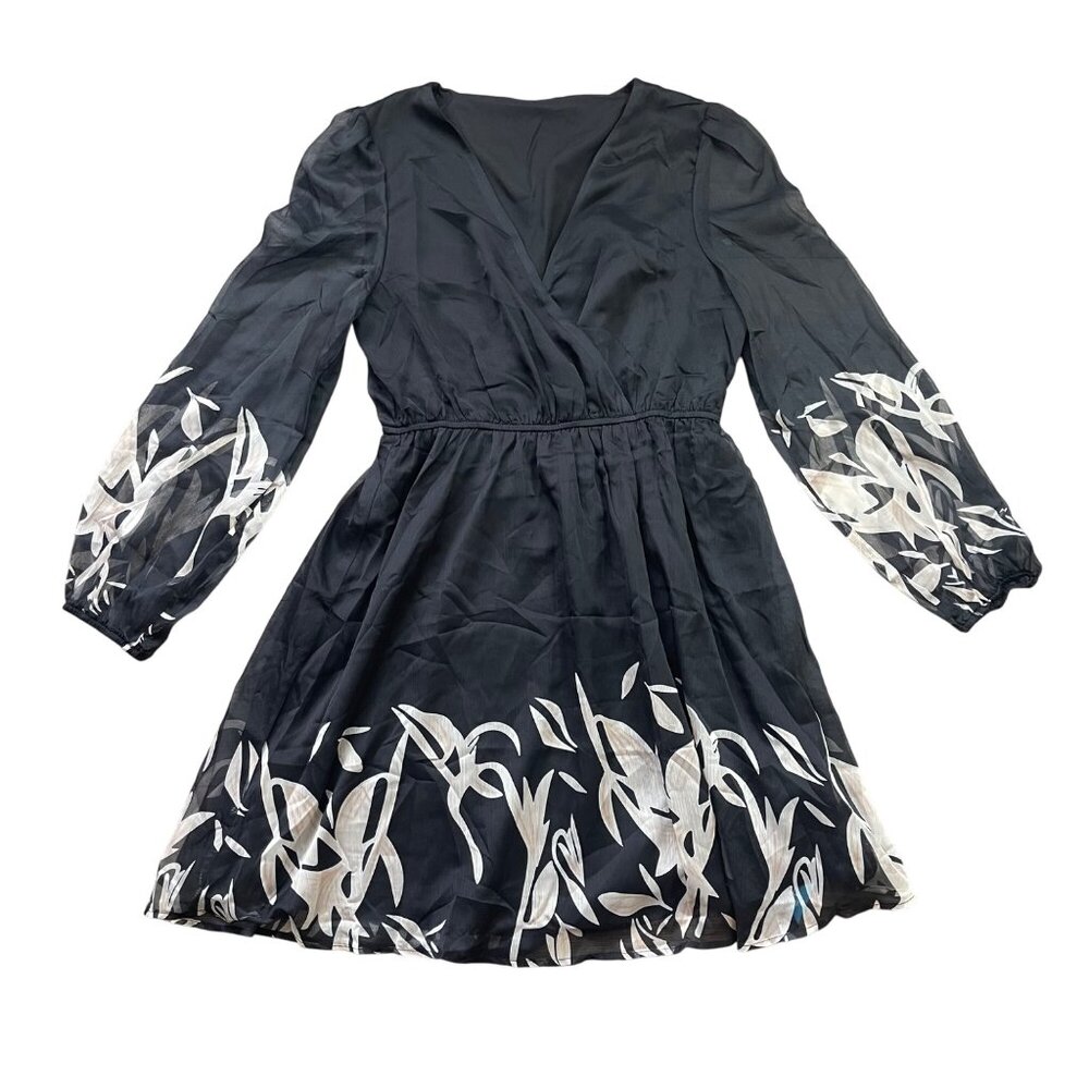 CUPSHE Floral Print Chiffon Mini Dress Women's Medium Long Sleeves Black NEW